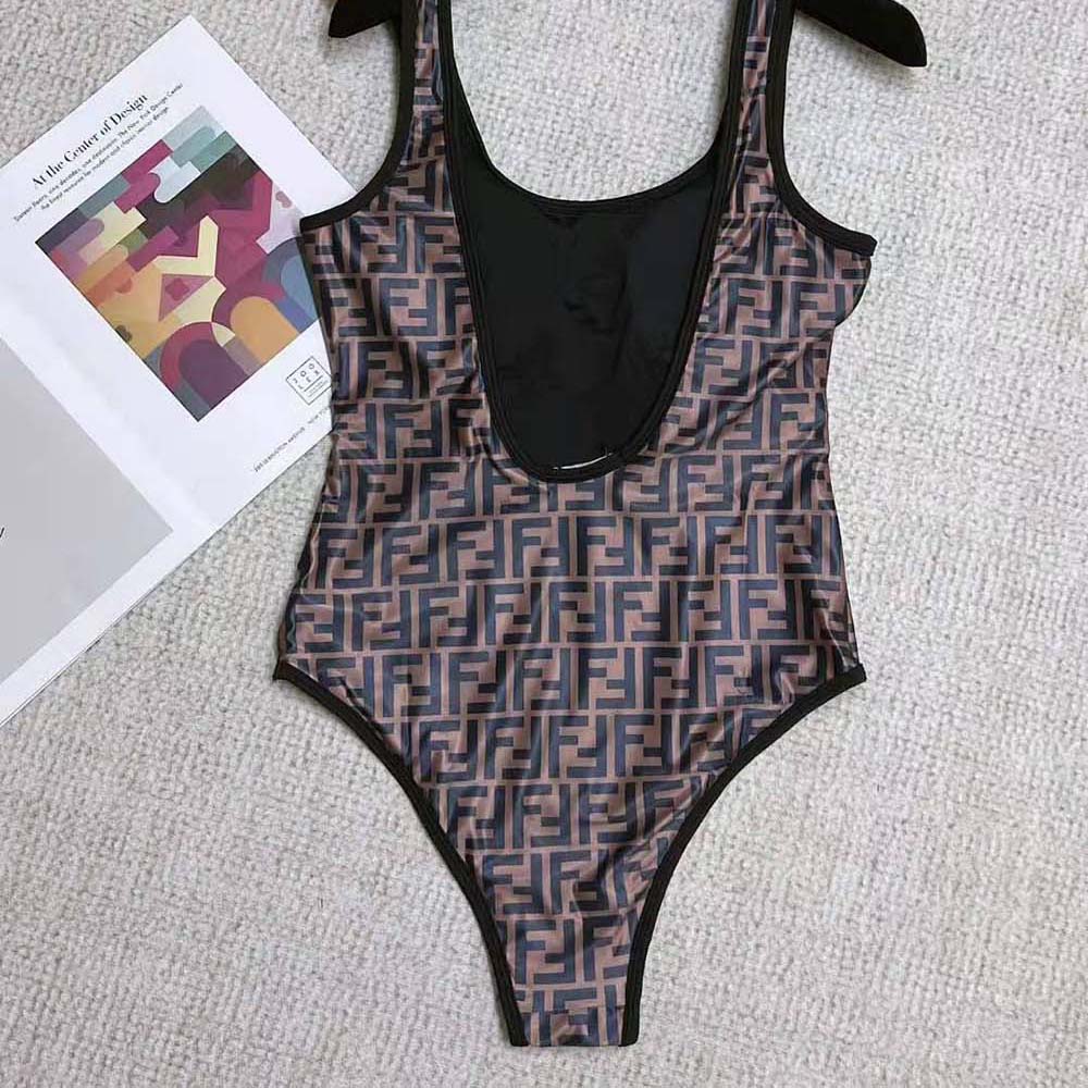 Side profile of Fendi Women Brown Lycra® Swimsuit-Brown highlighting fabric texture