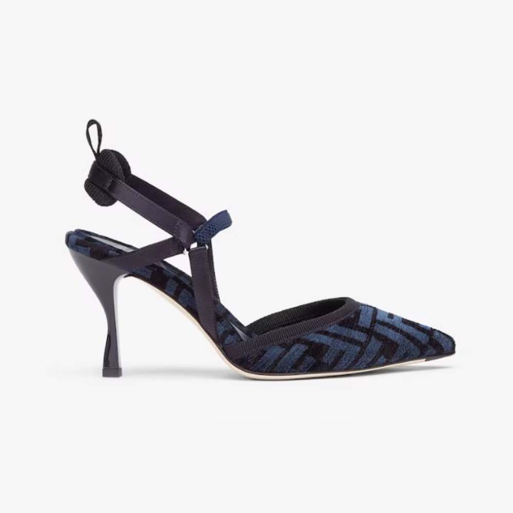 Side angle of Fendi Women Colibrì Lite High-heeled Blue FF Chenille Slingbacks