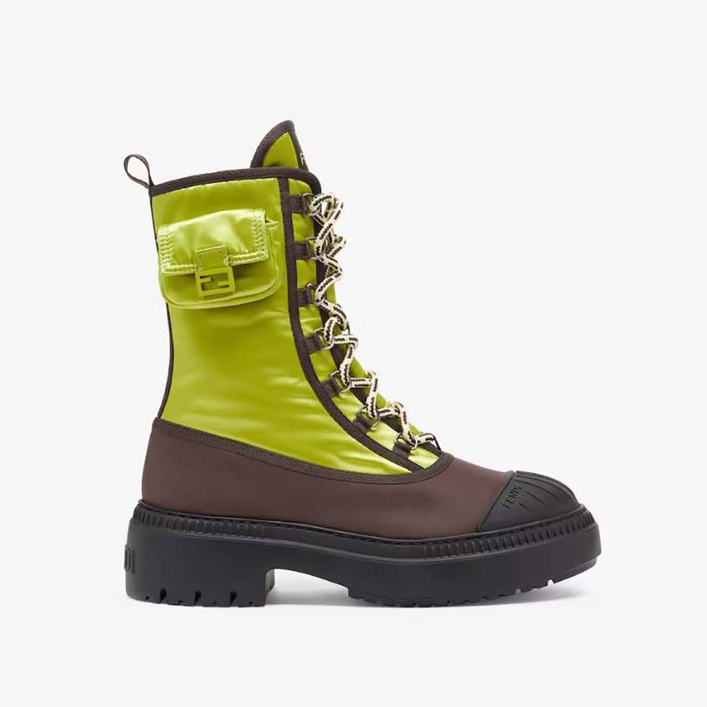 Side view of Fendi Women Domino Acid Green Nylon Biker Boots showcasing silhouette