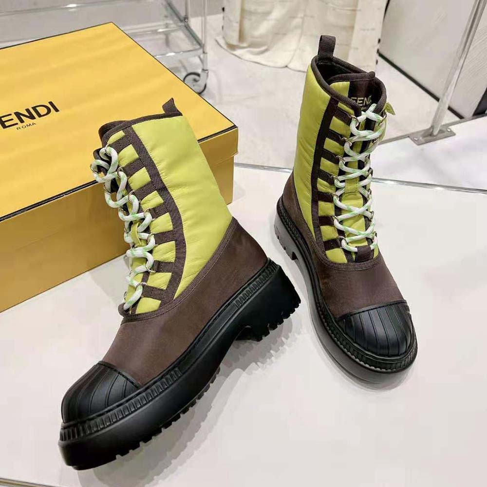 Fendi Women Domino Acid Green Nylon Biker Boots angled to highlight lace-up detail
