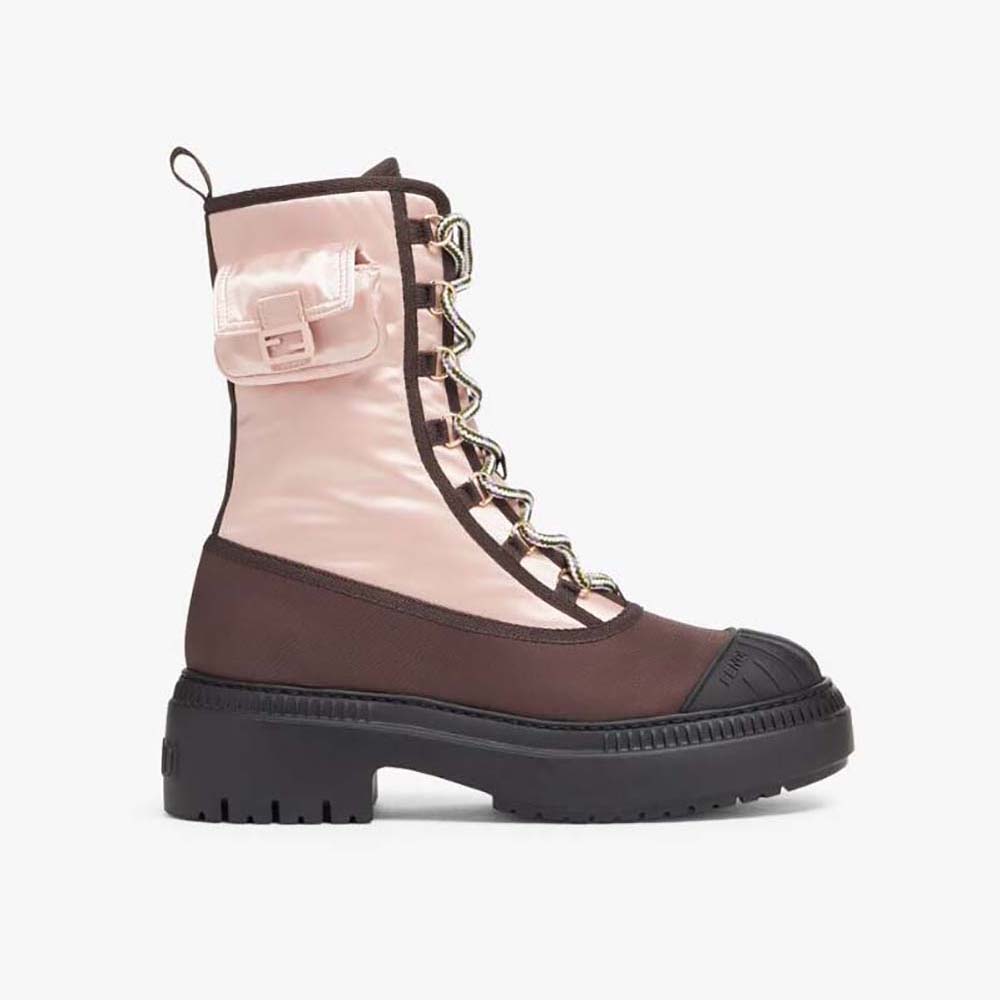 Front view of Fendi Women Domino Pink Nylon Biker Boots showing lace-up detail