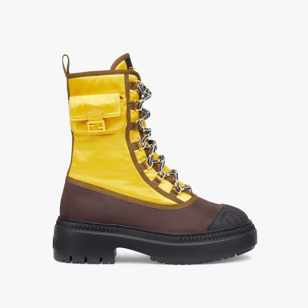 Side view of Fendi Women Domino Yellow Nylon Biker Boots showing chunky sole