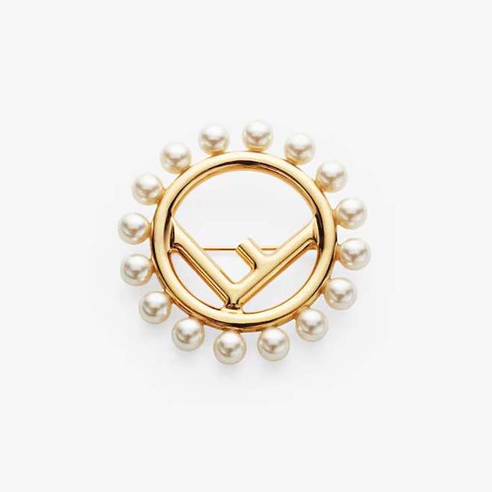 Close-up of Fendi Women F Is Fendi Brooch Gold Colored Brooch showing logo detail