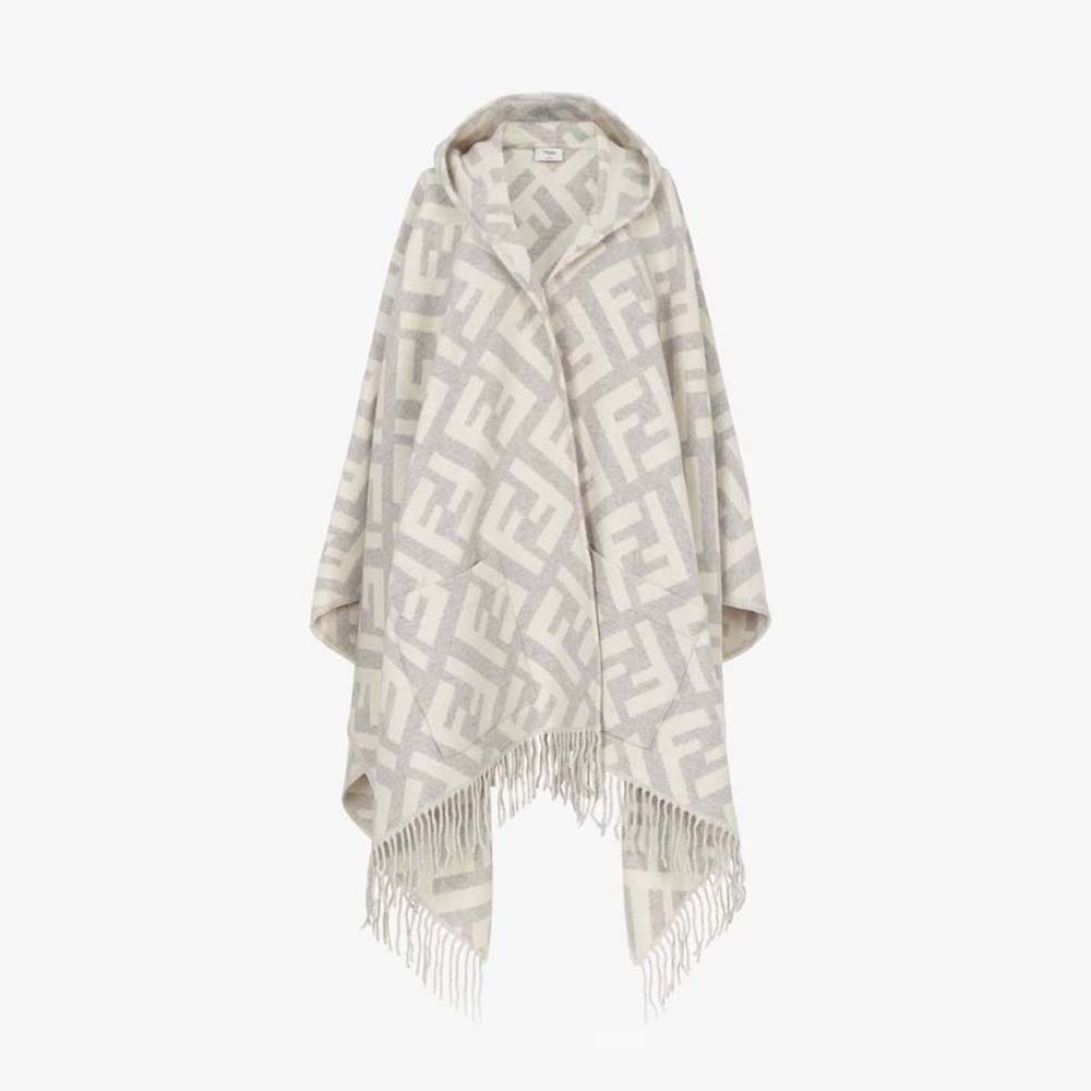 Front view of Fendi Women Gray Cashmere Poncho draped elegantly