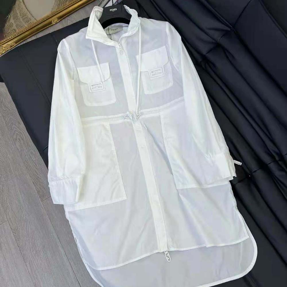 Close-up of high collar detail on Fendi White Cotton Dress