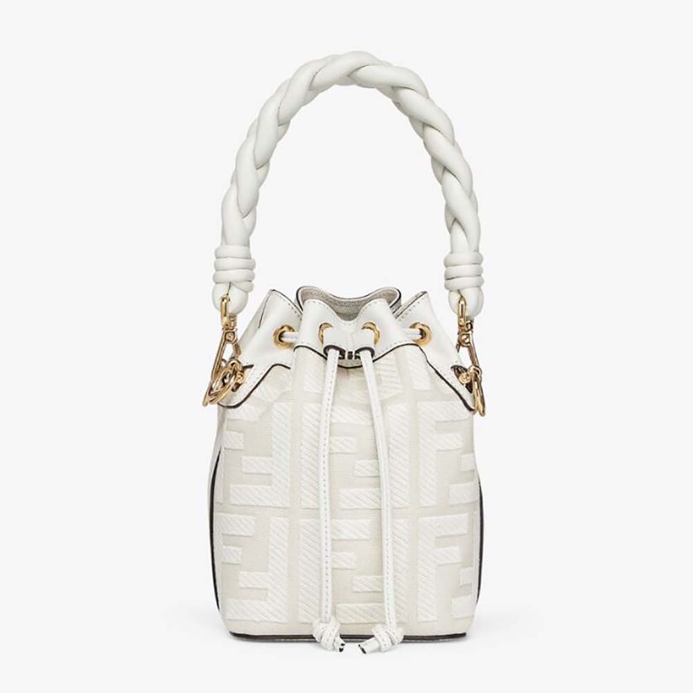 Front view of Fendi Women Mon Tresor White FF Canvas Mini-Bag with clasp
