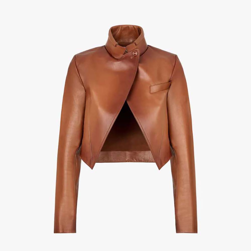 Front view of Fendi Women Shaded-Effect Tan Leather Jacket in brown leather