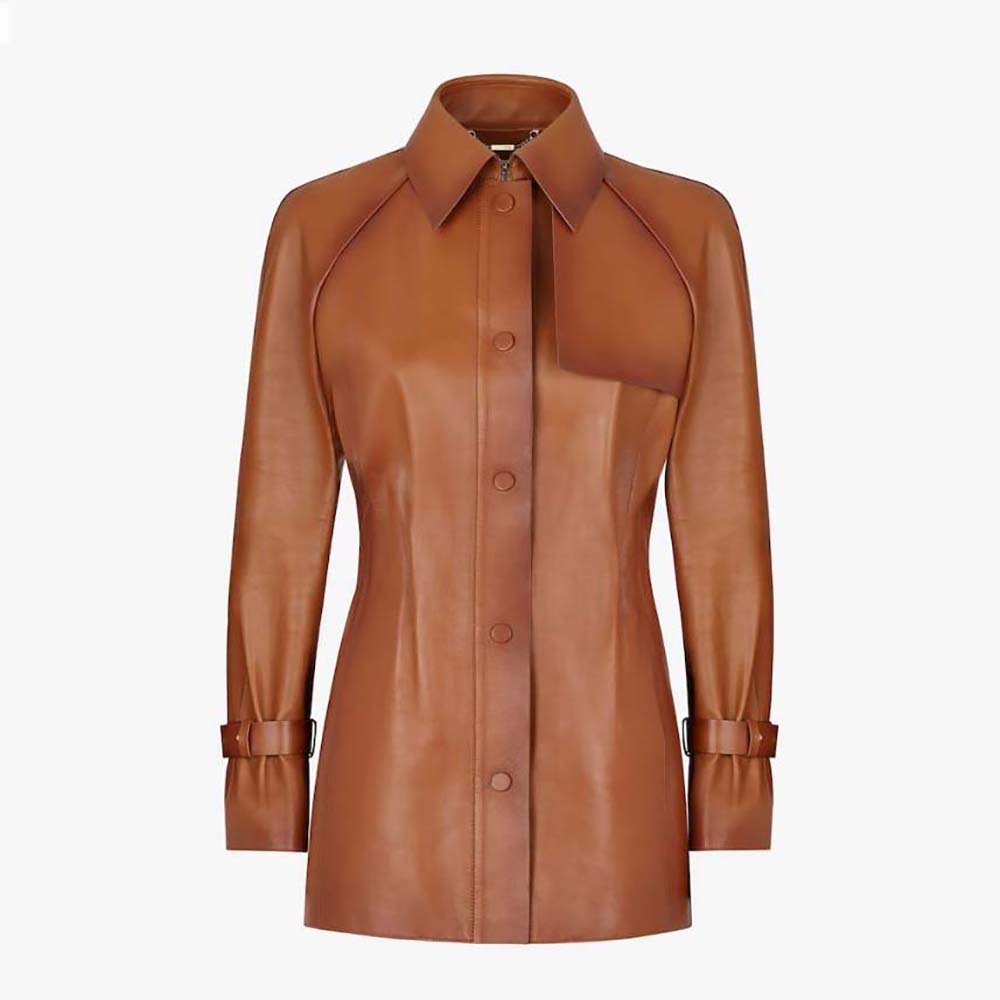 Front view of Fendi Women Shaded-Effect Tan Leather Jacket with zip closure