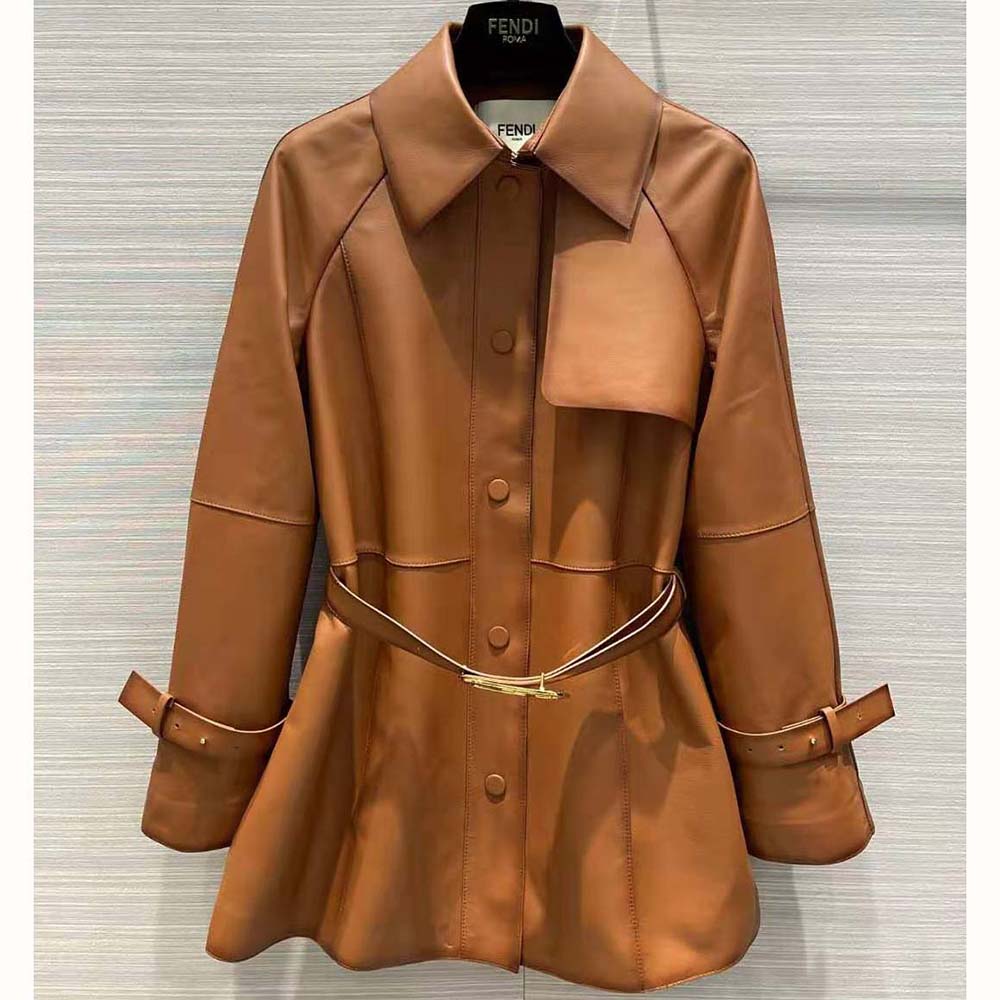 Close-up of signature hardware on Fendi Women Shaded-Effect Tan Leather Jacket