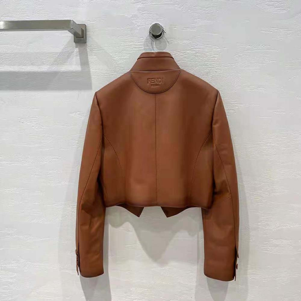 Side profile showcasing tailored fit of Fendi Women Shaded-Effect Tan Leather Jacket
