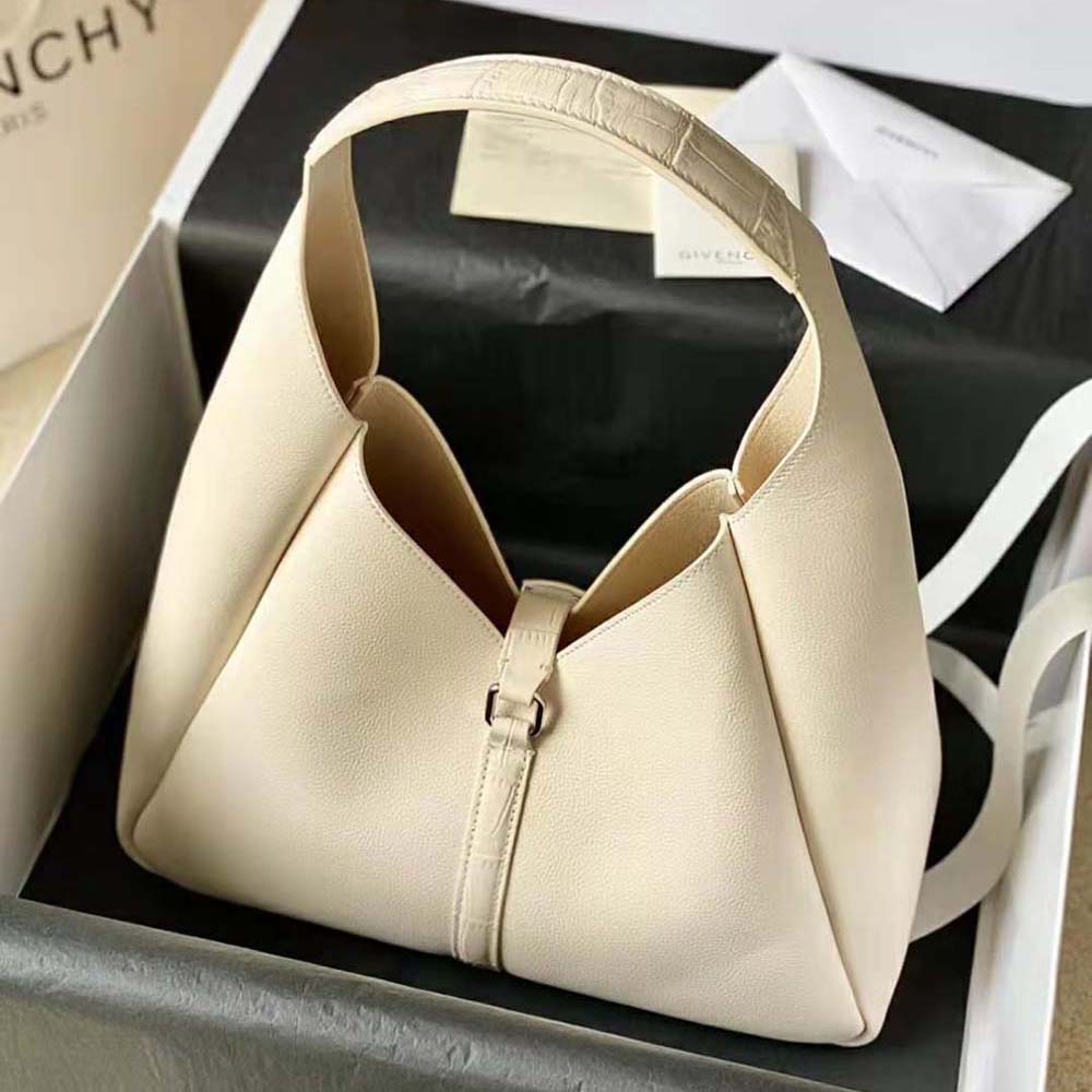 Side angle showing curved silhouette of Givenchy Women Medium G-Hobo Bag