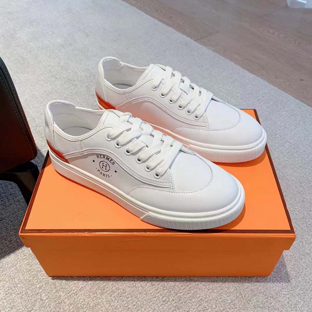 Hermes Unisex Get Sneaker in Calfskin with Signature “Hermès Paris” Stencil-White - image 4