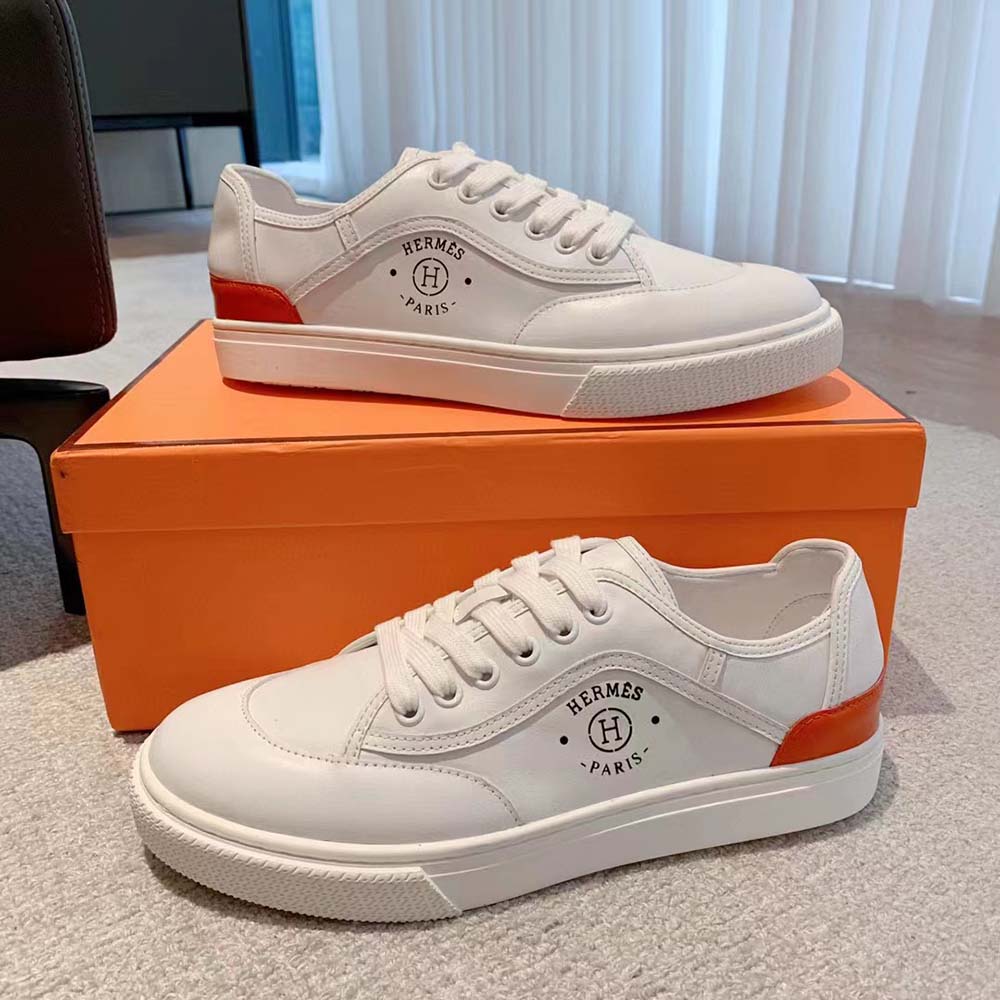 Hermes Unisex Get Sneaker in Calfskin with Signature “Hermès Paris” Stencil-White - image 5