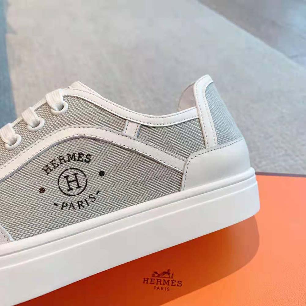 Hermes Unisex Get Sneaker in SH Canvas and Calfskin with Signature “Hermès Paris” Stencil-Silver - image 9