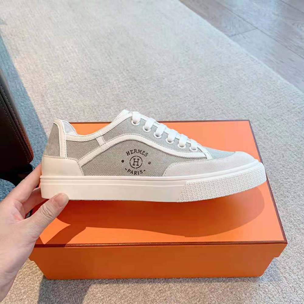 Hermes Unisex Get Sneaker in SH Canvas and Calfskin with Signature “Hermès Paris” Stencil-Silver - image 6