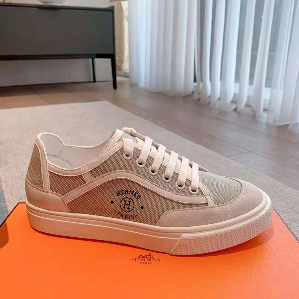 Hermes Unisex Get Sneaker in SH Canvas and Calfskin with Signature “Hermès Paris” Stencil-Silver - image 5
