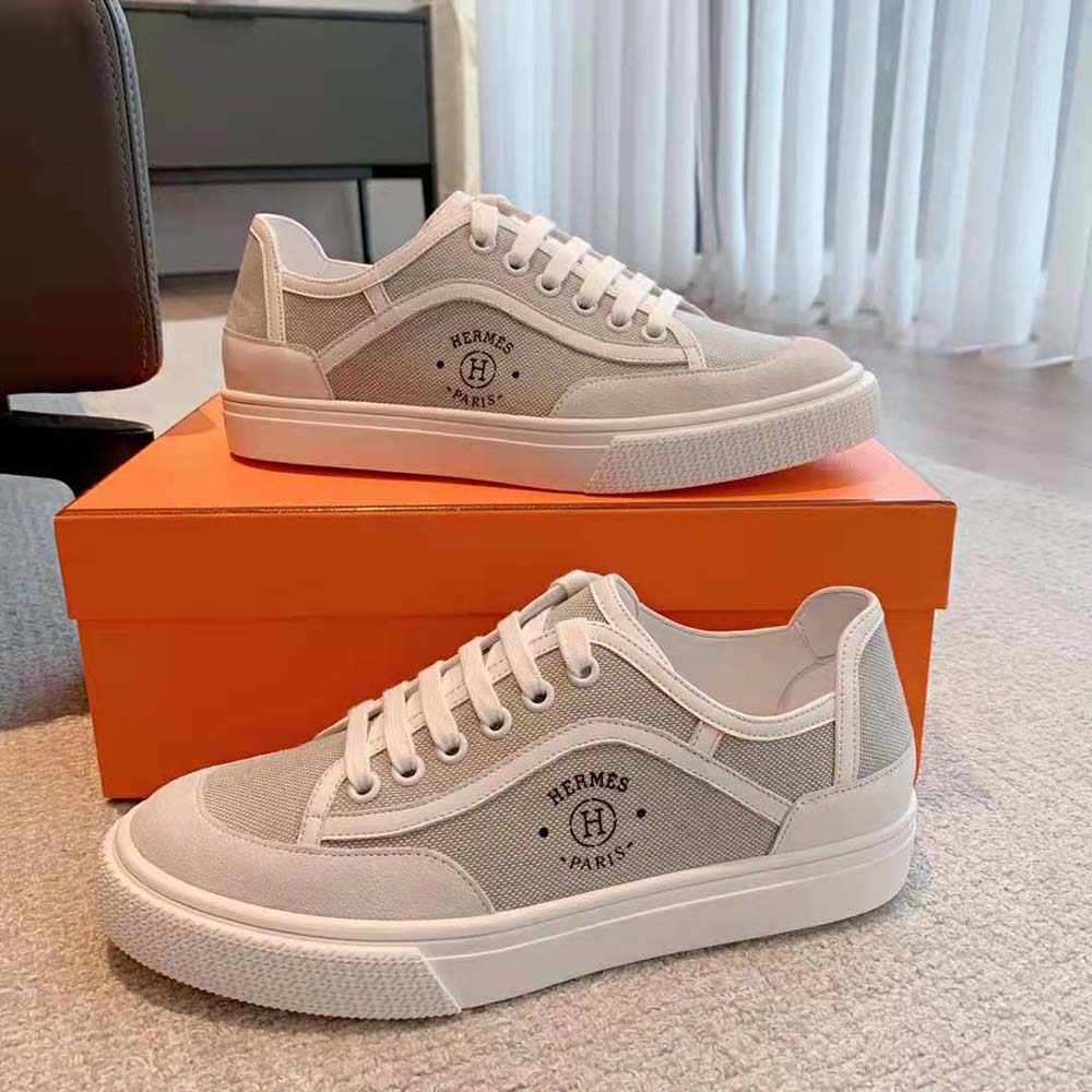 Hermes Unisex Get Sneaker in SH Canvas and Calfskin with Signature “Hermès Paris” Stencil-Silver - image 4