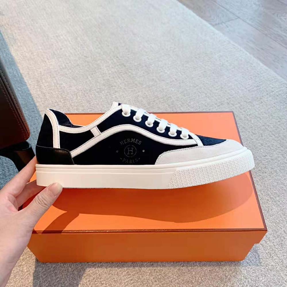 Hermes Unisex Get Sneaker in Suede Goatskin and Calfskin with Signature “Hermès Paris” Stencil-Black - image 6