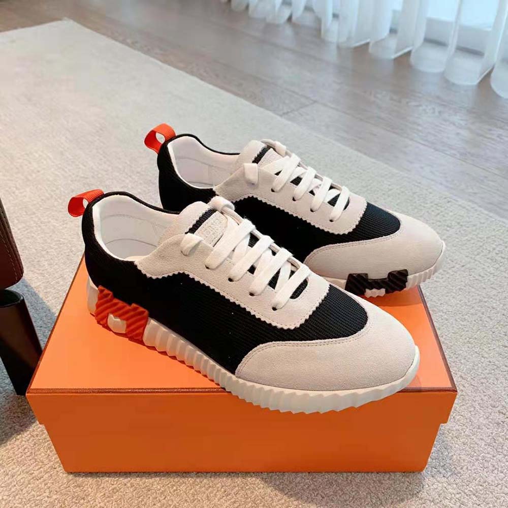 Close-up of black suede goatskin and air mesh on Hermes Women Bouncing Sneaker
