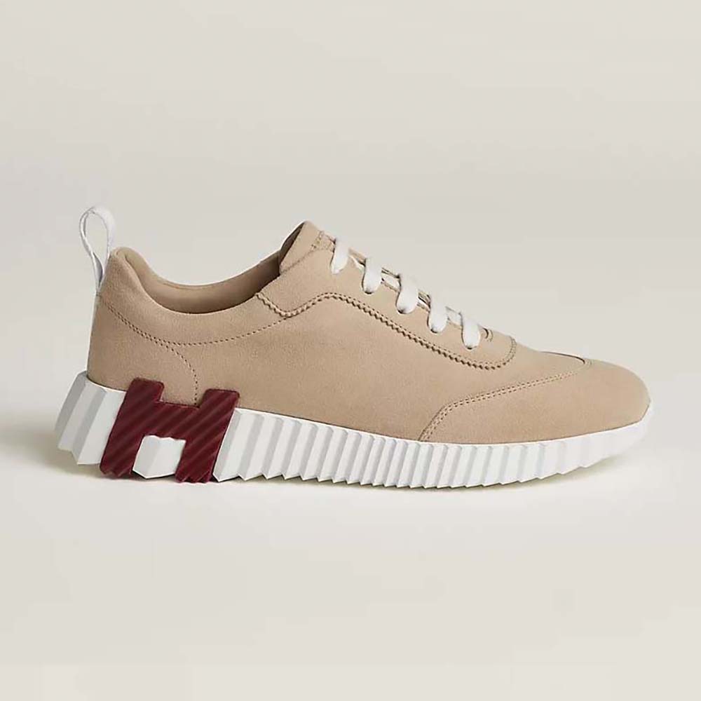 Side profile of Hermes Women Bouncing Sneaker in Suede Goatskin-Sandy