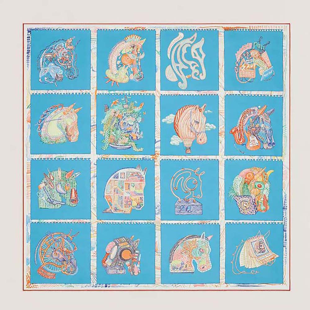 Close-up of Hermes Women Chevaloscope Scarf 90 silk twill hand-rolled edges