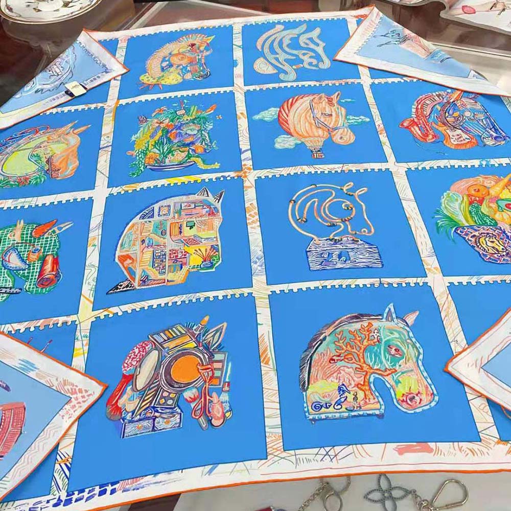 Hermes Women Chevaloscope Scarf 90 in Silk Twill with Hand-Rolled Edges-Blue - image 5