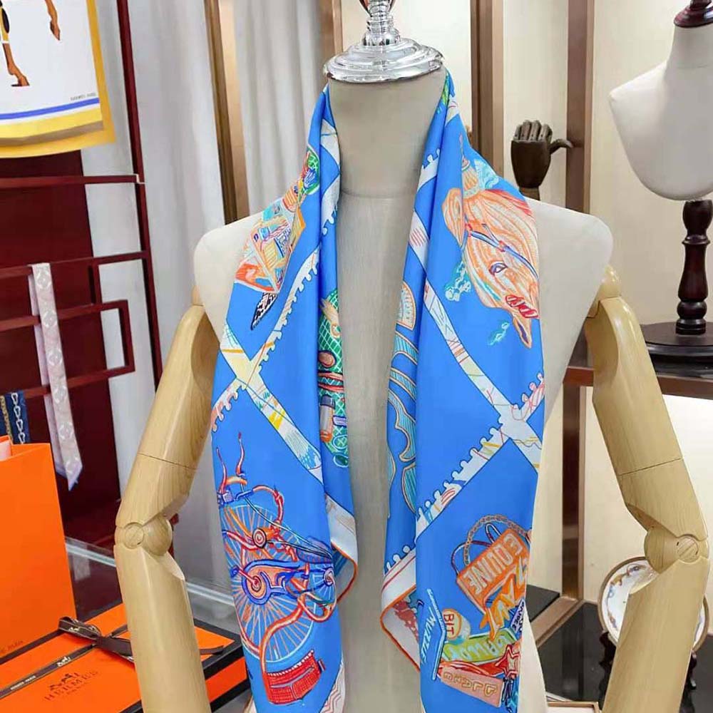 Model wearing Hermes Women Chevaloscope Scarf 90 draped elegantly around neck