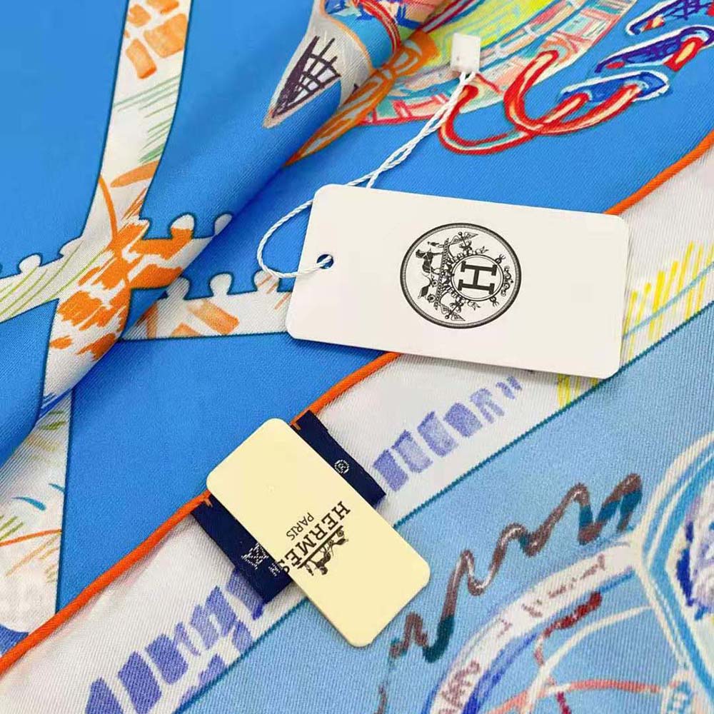 Hermes Women Chevaloscope Scarf 90 in Silk Twill with Hand-Rolled Edges-Blue - image 8