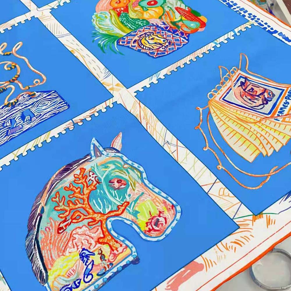Hermes Women Chevaloscope Scarf 90 in Silk Twill with Hand-Rolled Edges-Blue - image 6