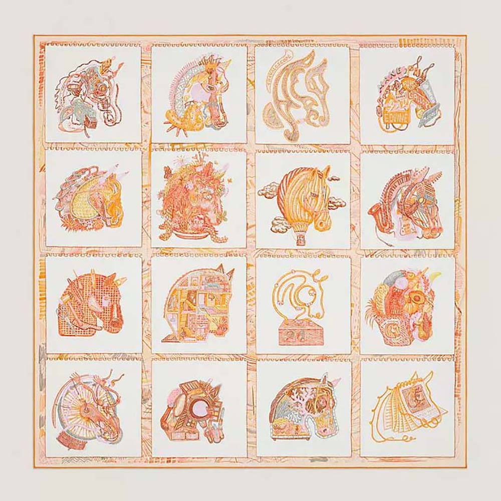 Front view of Hermes Women Chevaloscope Scarf 90 in vibrant orange