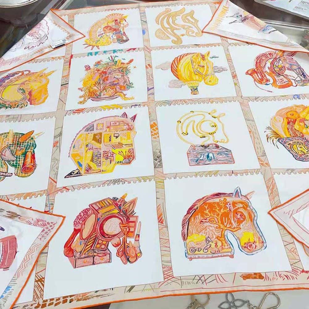 Hermes Women Chevaloscope Scarf 90 in Silk Twill with Hand-Rolled Edges-Orange - image 6