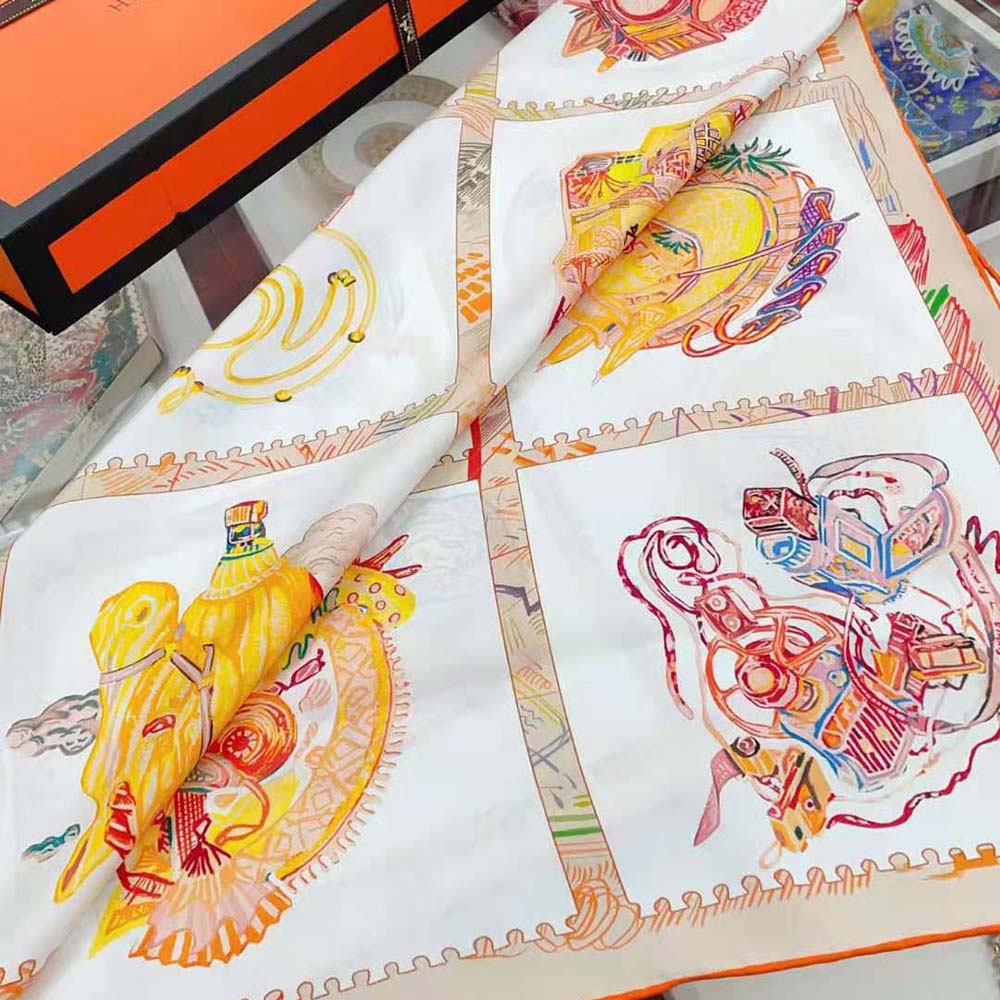 Hermes Women Chevaloscope Scarf 90 in Silk Twill with Hand-Rolled Edges-Orange - image 5