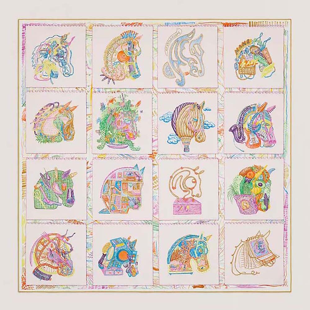 Front view of Hermes Women Chevaloscope Scarf 90 in Silk Twill Pink