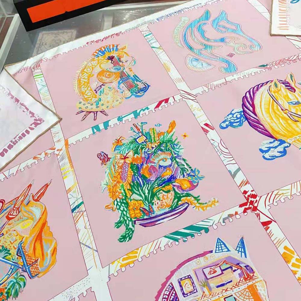 Hermes Women Chevaloscope Scarf 90 in Silk Twill with Hand-Rolled Edges-Pink - image 7