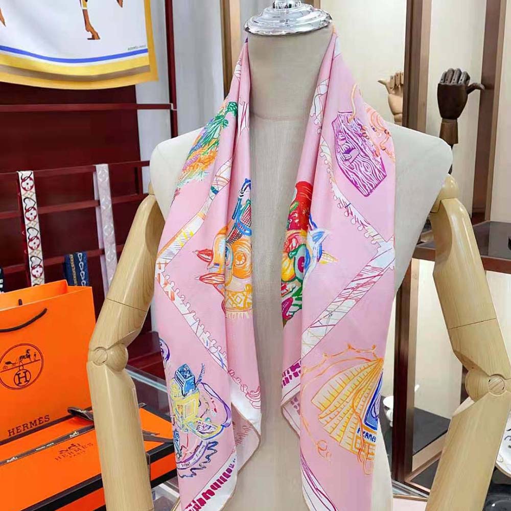 Hermes Women Chevaloscope Scarf 90 in Silk Twill with Hand-Rolled Edges-Pink - image 4