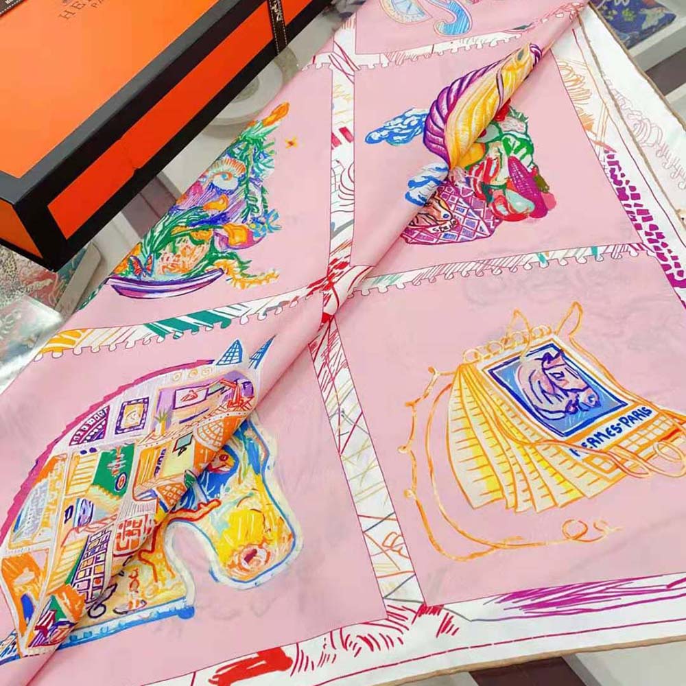 Hermes Women Chevaloscope Scarf 90 in Silk Twill with Hand-Rolled Edges-Pink - image 5