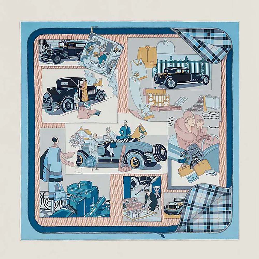 Close-up of Hermes Women Confort en Automobile Scarf 70 in Silk Twill blue hand-rolled edge
