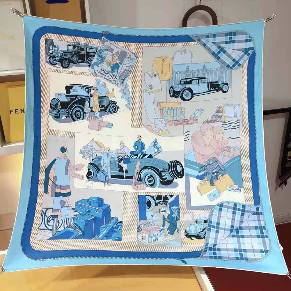 Hermes Women Confort en Automobile Scarf 70 in Silk Twill with Hand-Rolled Edges-Blue - image 4