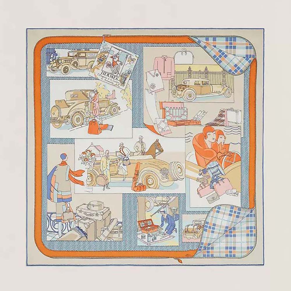 Front view of Hermes Women Confort en Automobile Scarf 70 in Orange silk twill