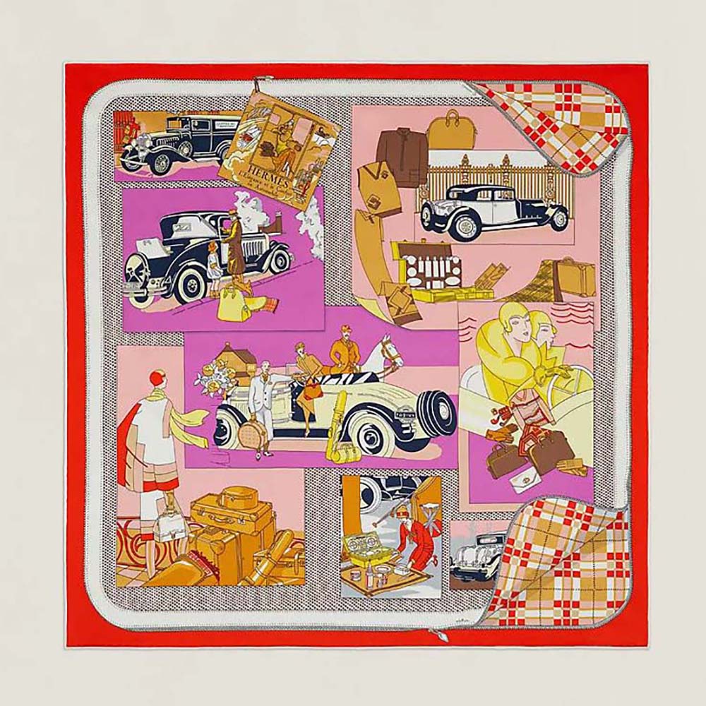 Front view of Hermes Women Confort en Automobile Scarf 70 in red silk twill
