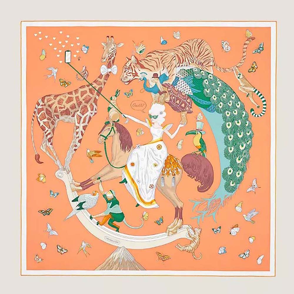 Close-up of Hermes Women Hermes Story Scarf 90 silk twill texture
