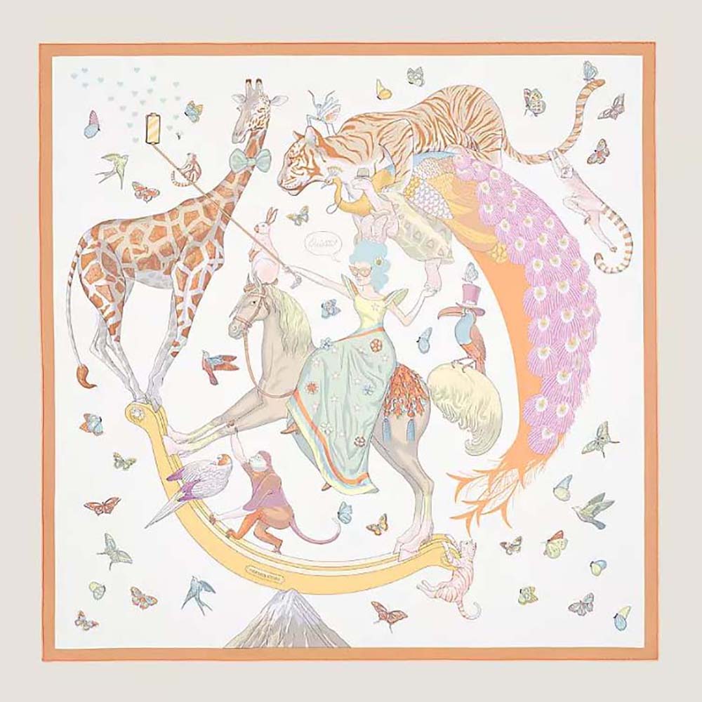Front view of Hermes Women Hermes Story Scarf 90 in Silk Twill White