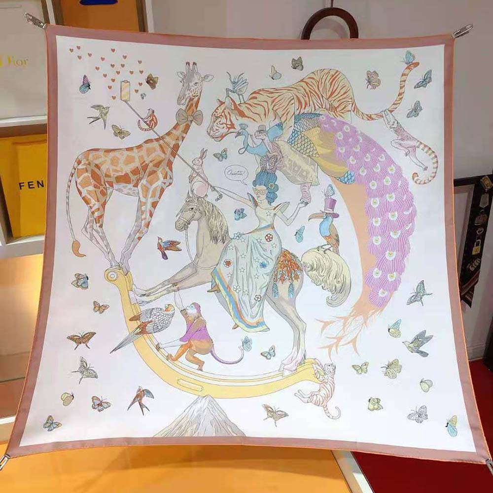 Hermes Women Hermes Story Scarf 90 in Silk Twill with Hand-Rolled Edges-White - image 4