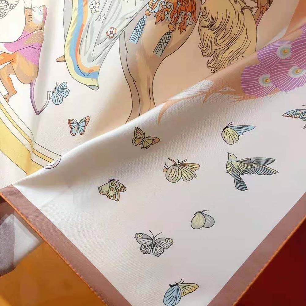 Hermes Women Hermes Story Scarf 90 in Silk Twill with Hand-Rolled Edges-White - image 5