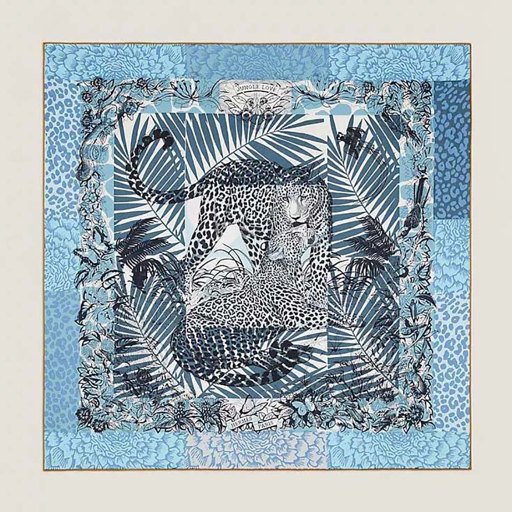 Front view of Hermes Women Jungle Love Stamped Scarf 70 in Silk Twill Blue