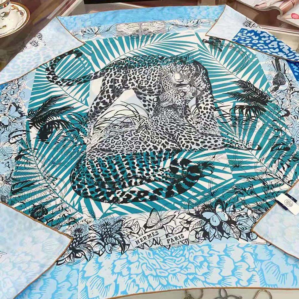Hermes Women Jungle Love Stamped Scarf 70 in Silk Twill with Hand-Rolled Edges-Blue - image 5