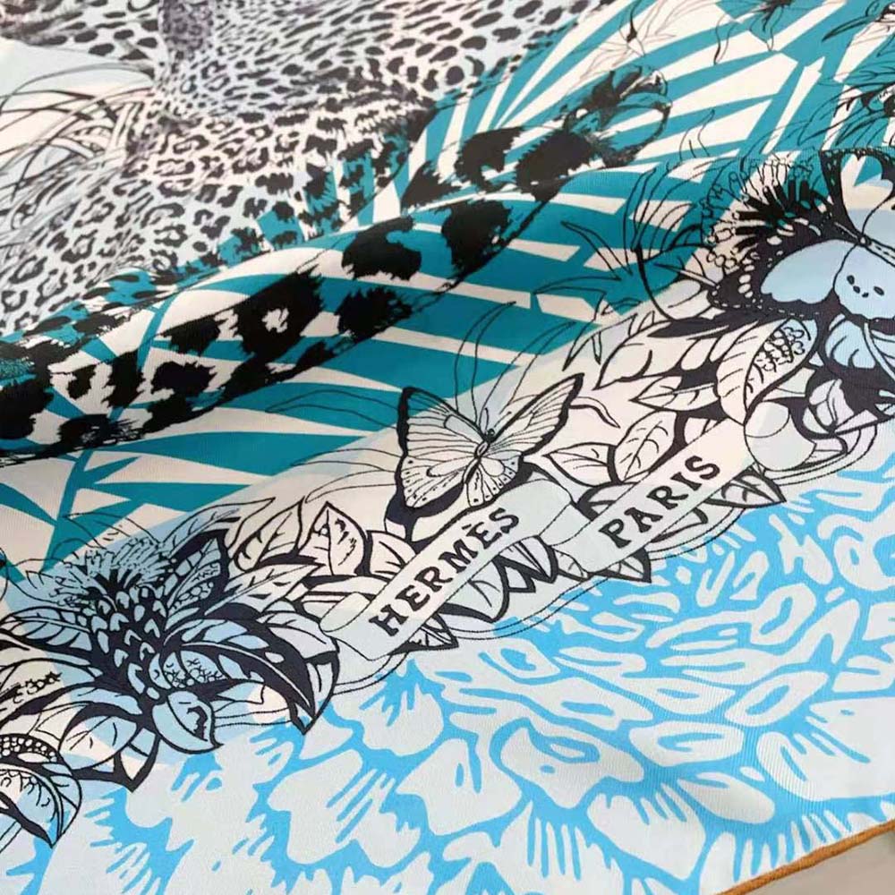 Hermes Women Jungle Love Stamped Scarf 70 in Silk Twill with Hand-Rolled Edges-Blue - image 7