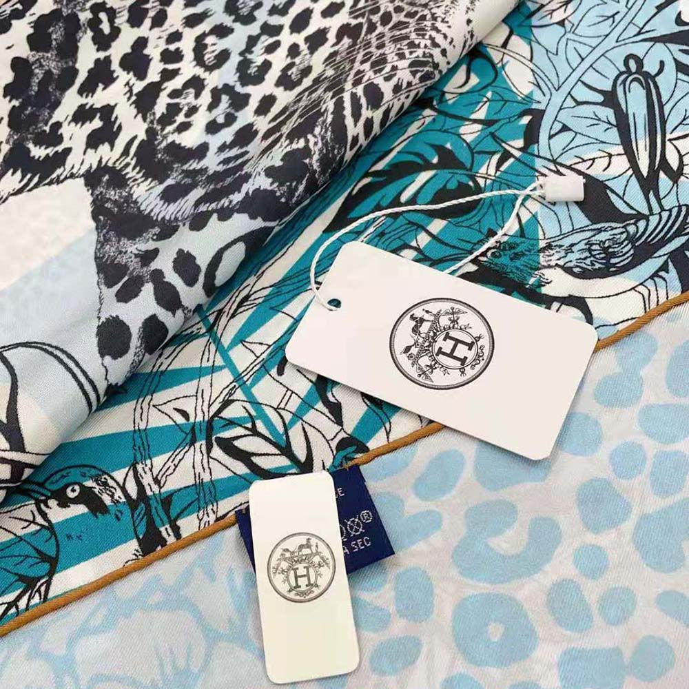 Hermes Women Jungle Love Stamped Scarf 70 in Silk Twill with Hand-Rolled Edges-Blue - image 8