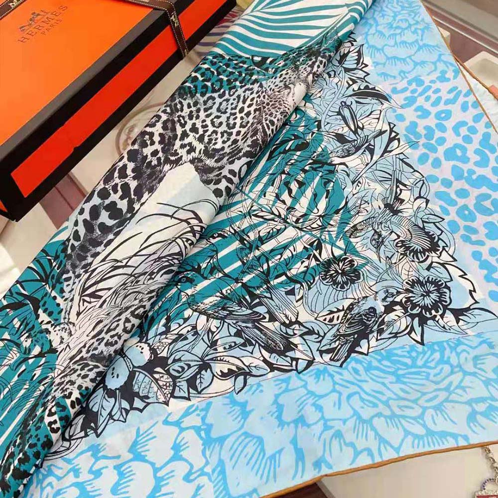 Hermes Women Jungle Love Stamped Scarf 70 in Silk Twill with Hand-Rolled Edges-Blue - image 6