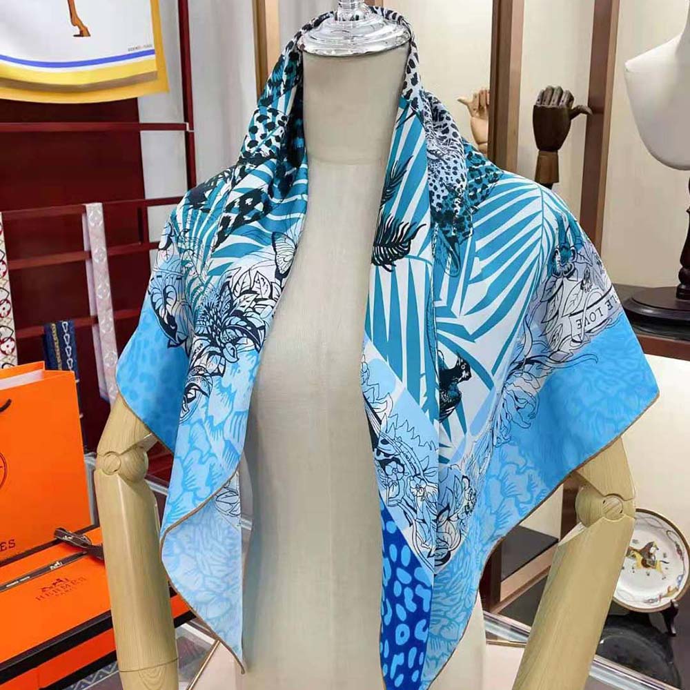 Hermes Women Jungle Love Stamped Scarf 70 in Silk Twill with Hand-Rolled Edges-Blue - image 4
